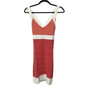 Colorblock Knit Bodycon Dress M Coral Red Cream V Neck Cross Back Minimal Resort